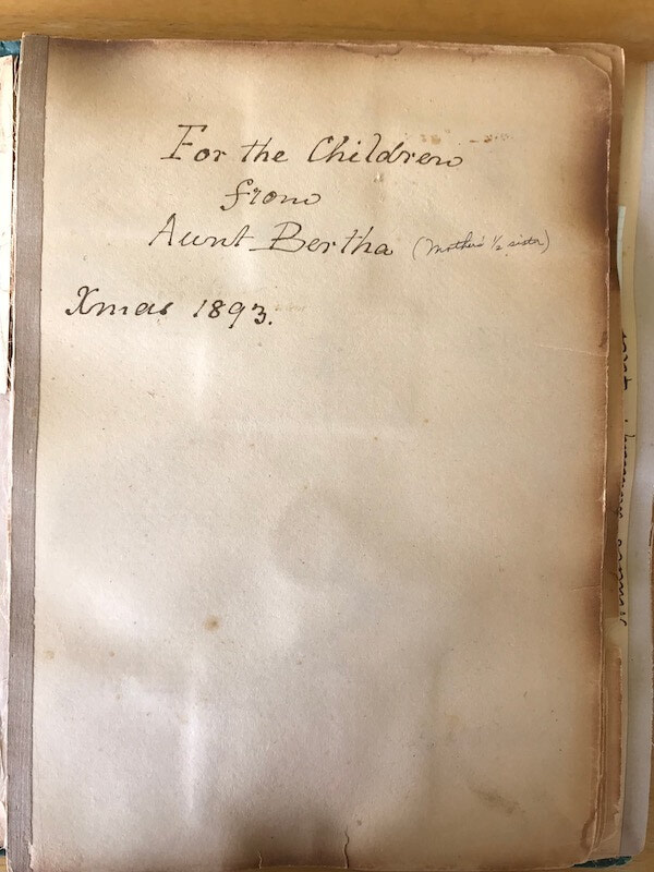 Dedication page: “For the children from Aunt Bertha Xmas 1893.”  Below are the six Nash children for whom the album was intended (photos reproduced from small snapshots on Page 31) at Macleod. With the baby Honor (born Sept 1893) is their mother Emily Har